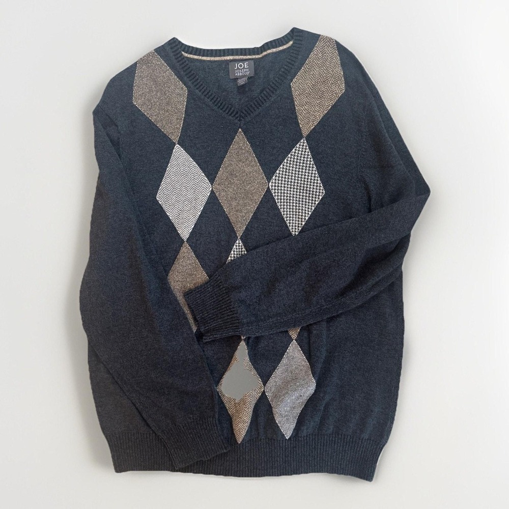 JOE Joseph Abboud Men L Gray Argyle 100% Cotton V-Neck Pullover Sweater Knit EUC